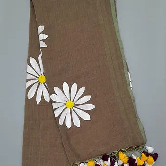 Dual tone ( olive green ) handpainted mulmul cotton saree