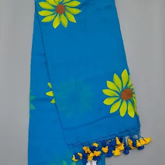 Sky blue handpainted mulmul cotton saree