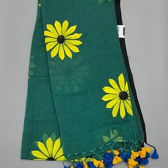Sea grreen handpainted mulmul cotton saree
