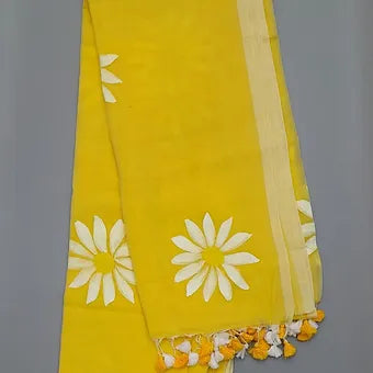 Light yellow handpainted mulmul cotton saree