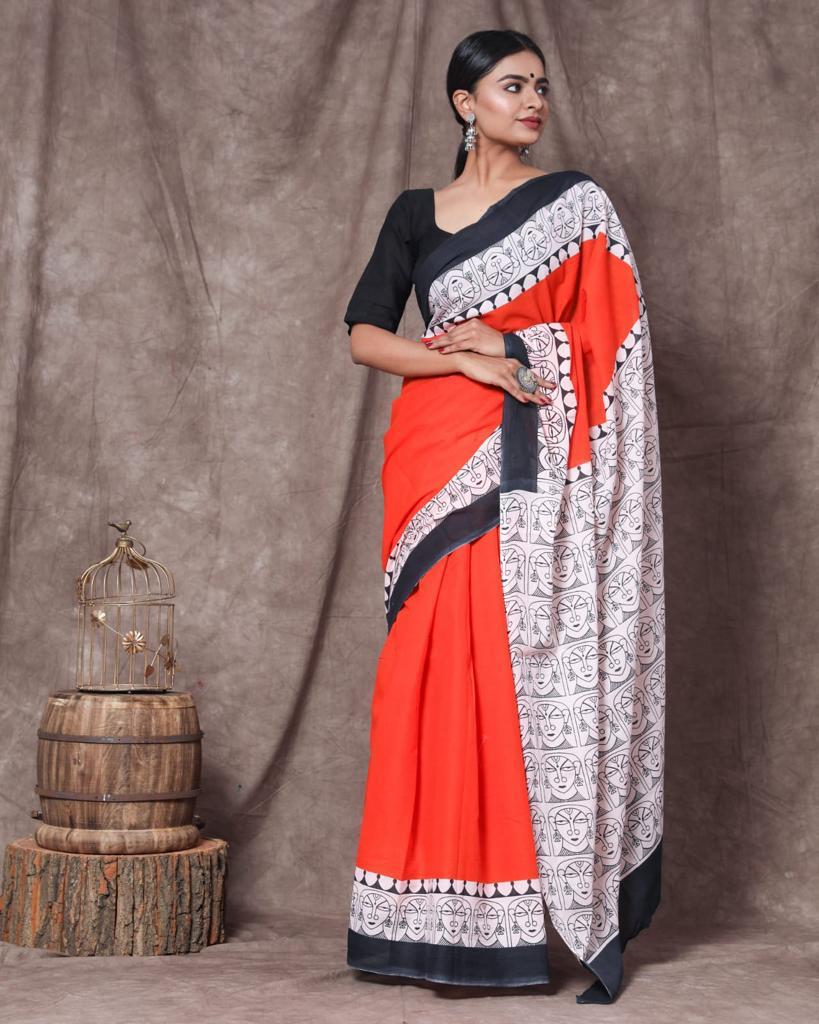 Orange Mulmul Cotton Saree