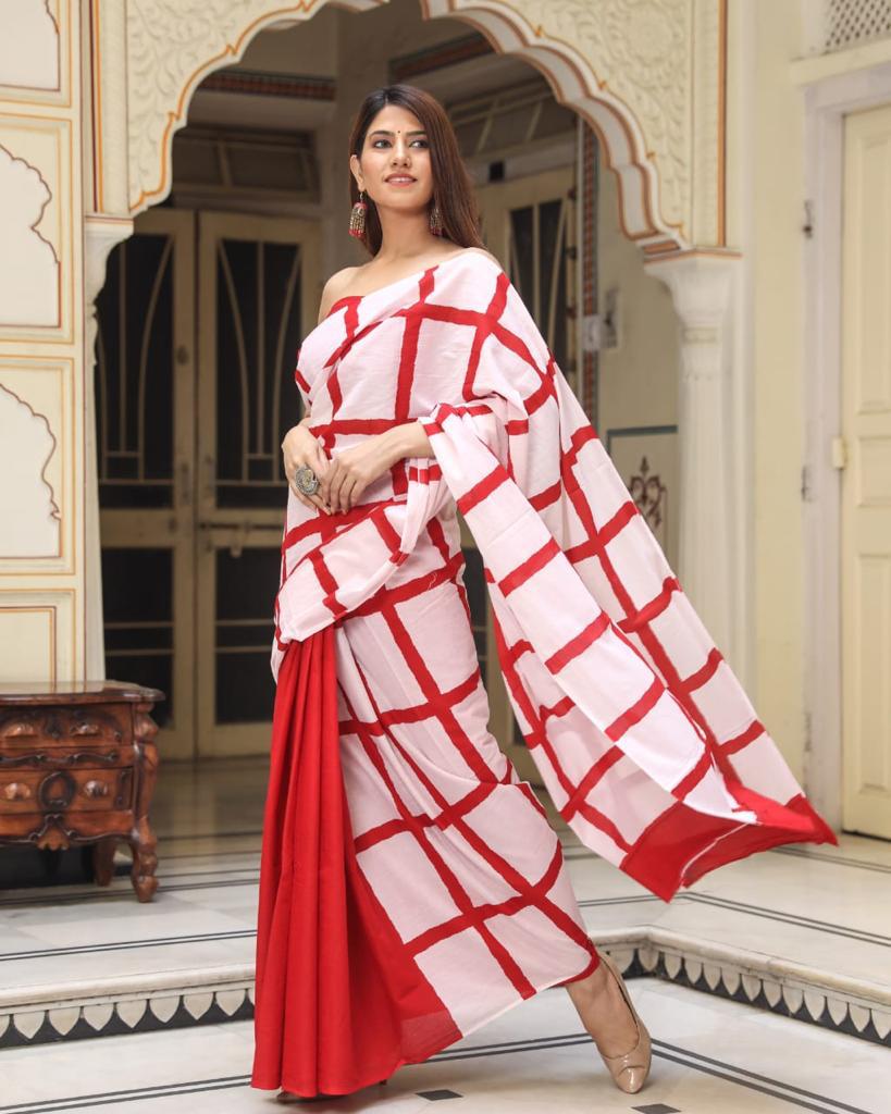 White and red checked mulmul cotton saree