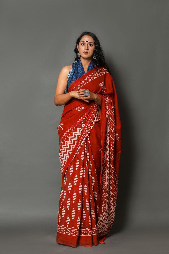 Brick Red mulmul cotton saree