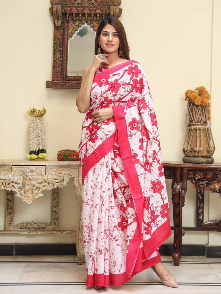 White and pink partly printed mulmul cotton saree