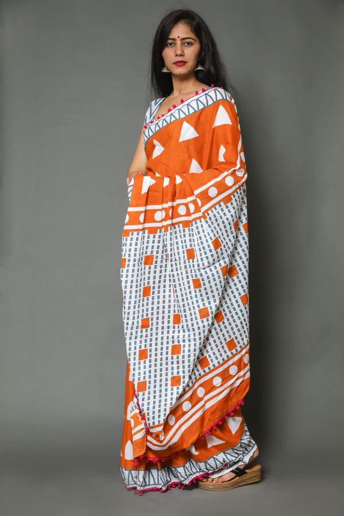 Orange mulmul cotton saree