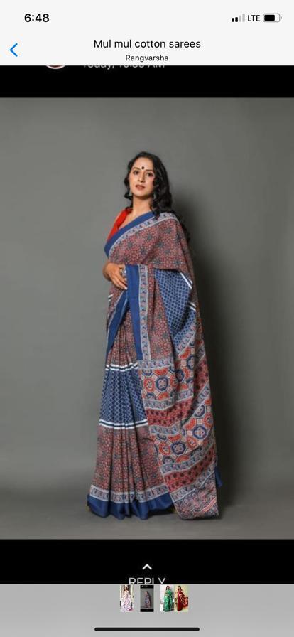 Blue and Red mulmul cotton saree