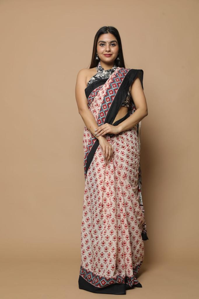 Beige mulmul cotton saree
