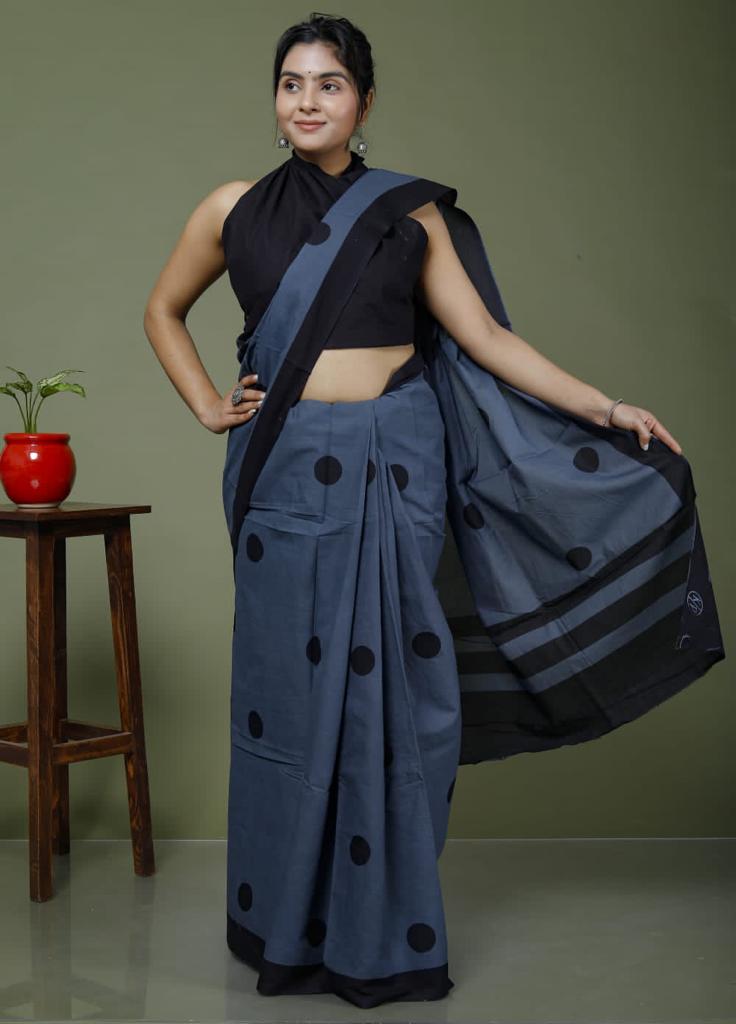 Dark grey mulmul cotton saree