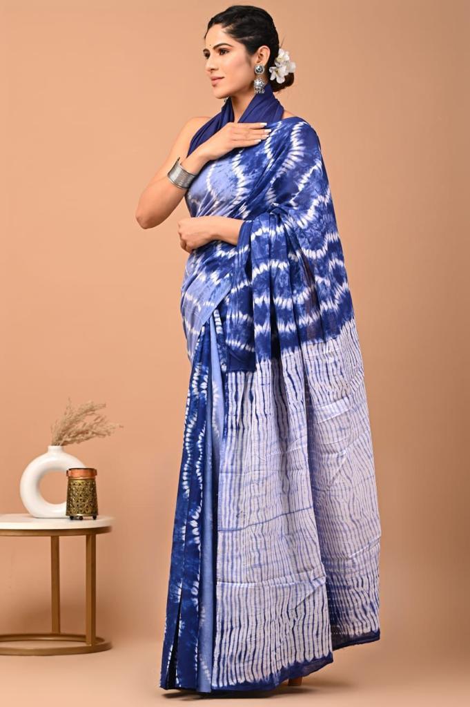 Royal blue mulmul cotton saree