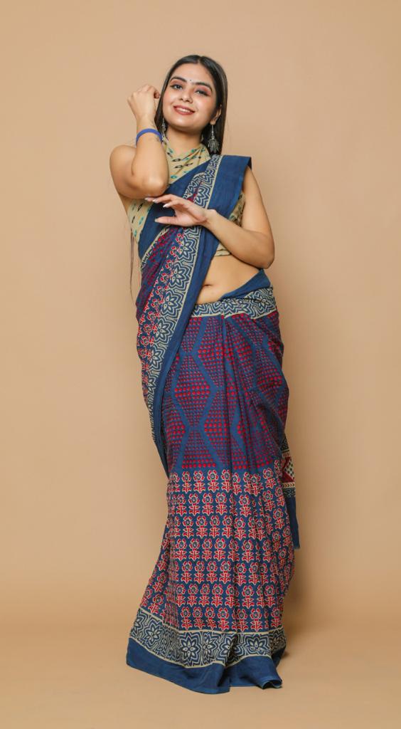 Indigo blue mulmul cotton saree