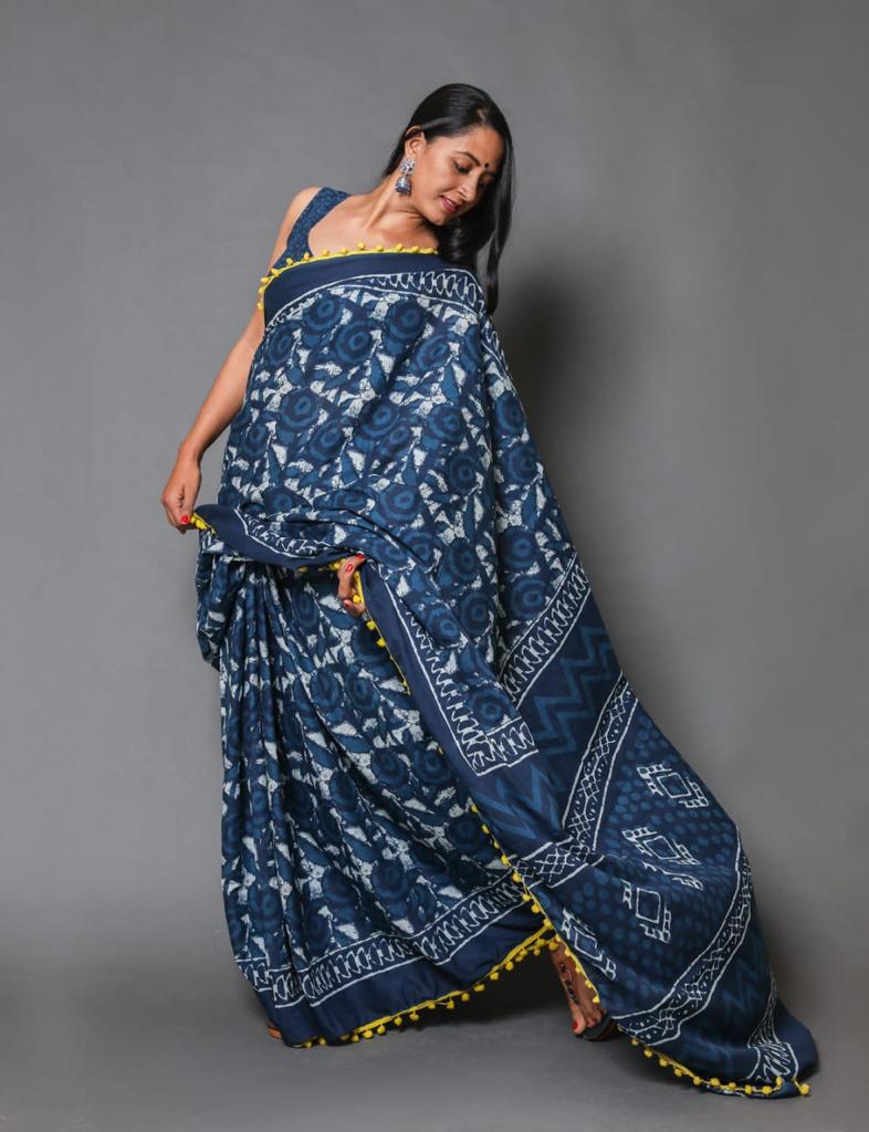 Indigo blue mulmul cotton saree