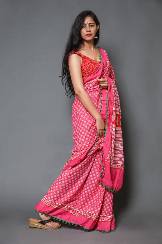 Pink mulmul cotton saree