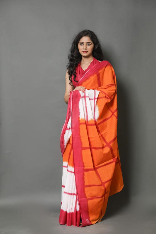Shaded white and orange Mulmul Cotton Saree