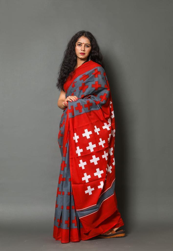 Grey mulmul cotton saree