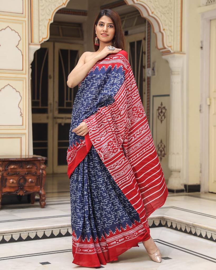 Navy blue mulmul cotton saree