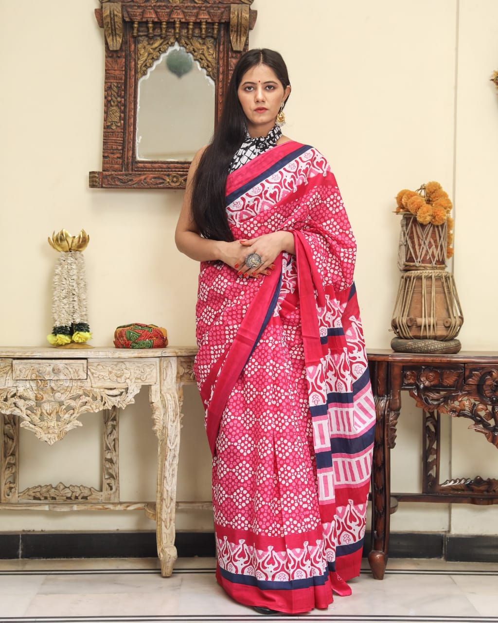 Pink Mulmul Cotton Saree