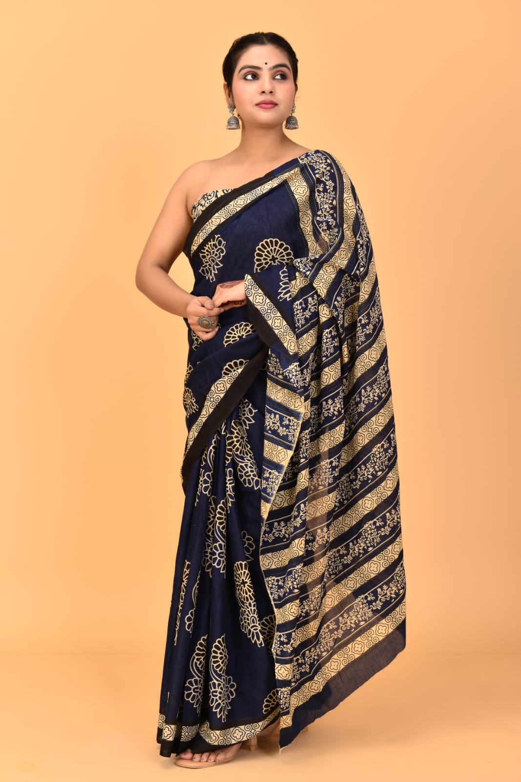 Navy Blue Mulmul Cotton Saree