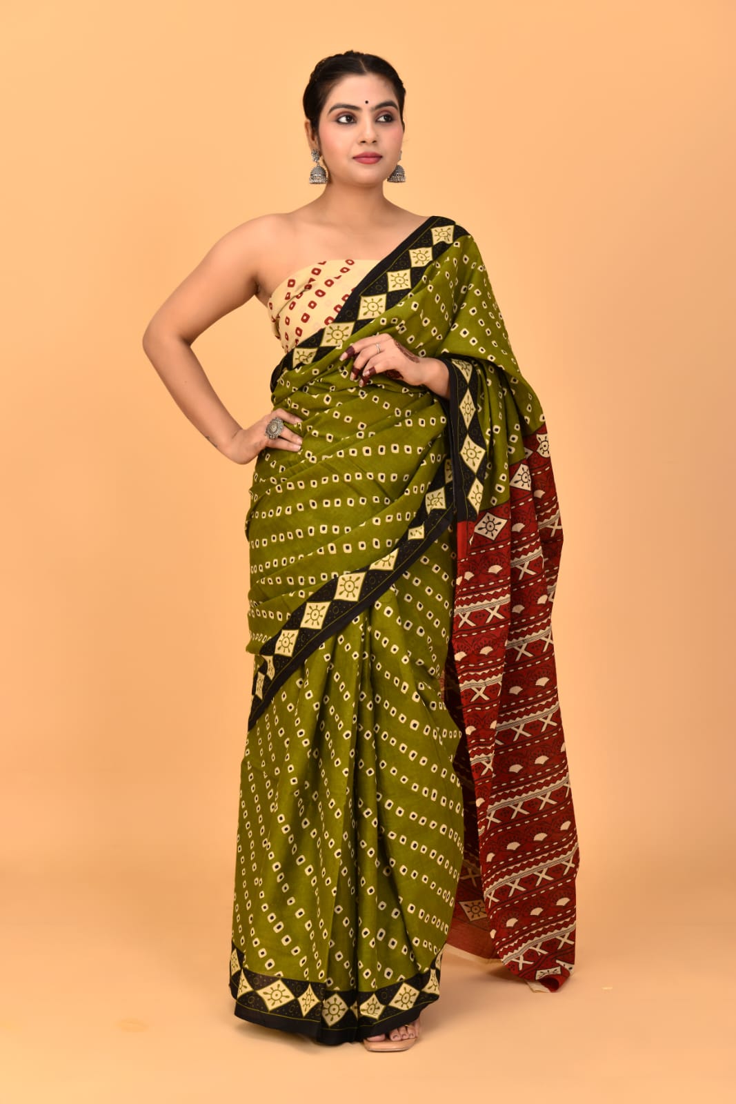 Army Green Mulmul Cotton Saree