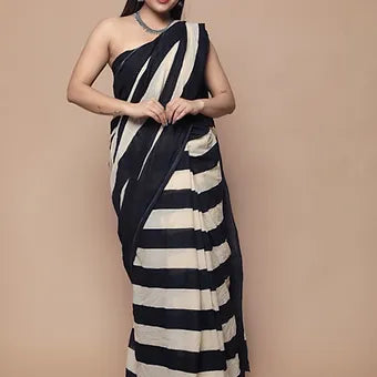 Black with White Mulmul cotton saree