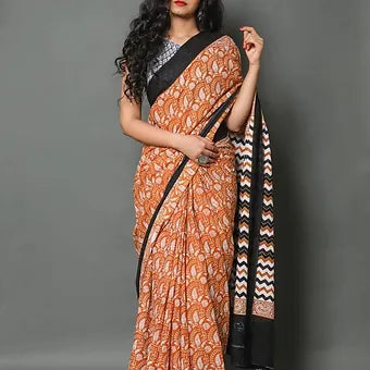 Orange Mulmul Cotton Saree