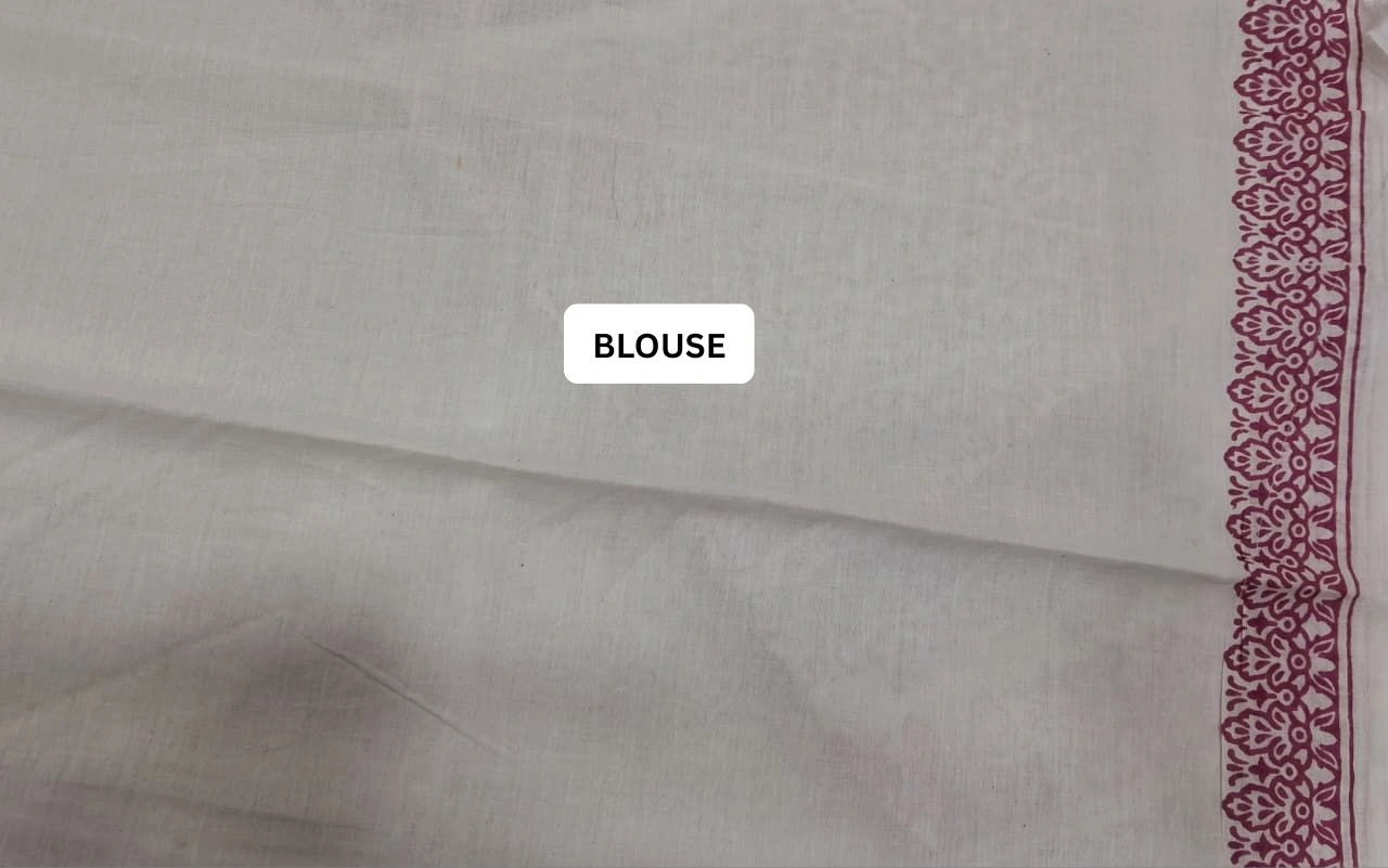 White & Pink Floral Mulmul Cotton Saree blouse