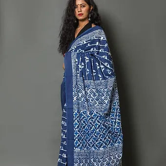 Indigo Blue Mulmul Cotton Saree