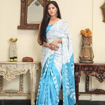 White and black shibori printed mulmul cotton Saree