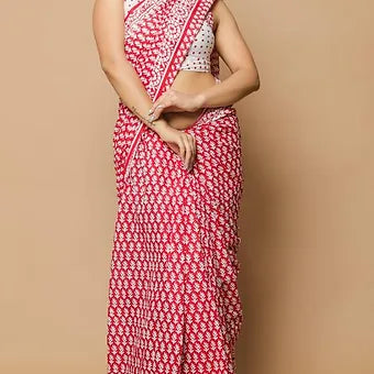 Reddish Pink Mulmul Cotton Saree