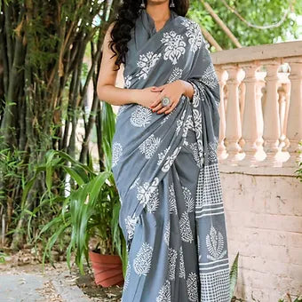 Grey Mulmul Cotton Saree