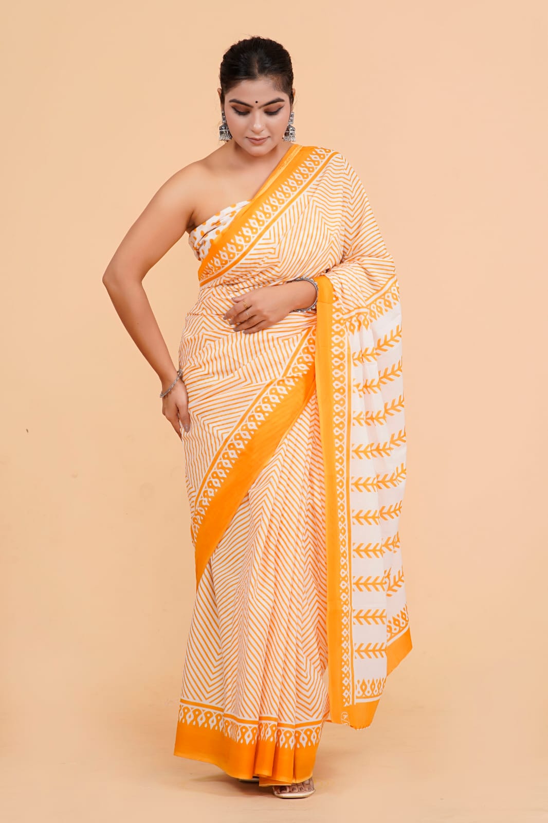 Orange Mulmul Cotton Saree