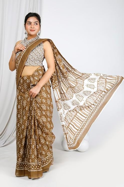 Brown Mulmul Cotton Saree
