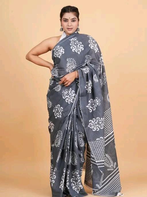 Metal Grey Mulmul Cotton Saree