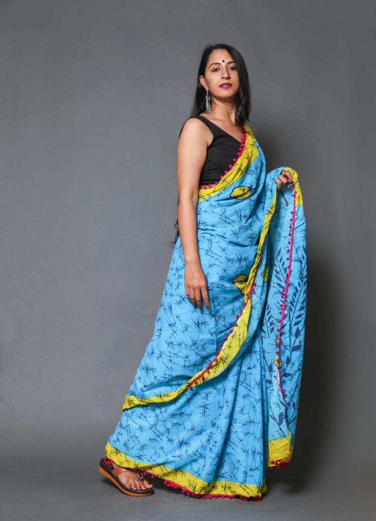 skyblue mulmul cotton saree