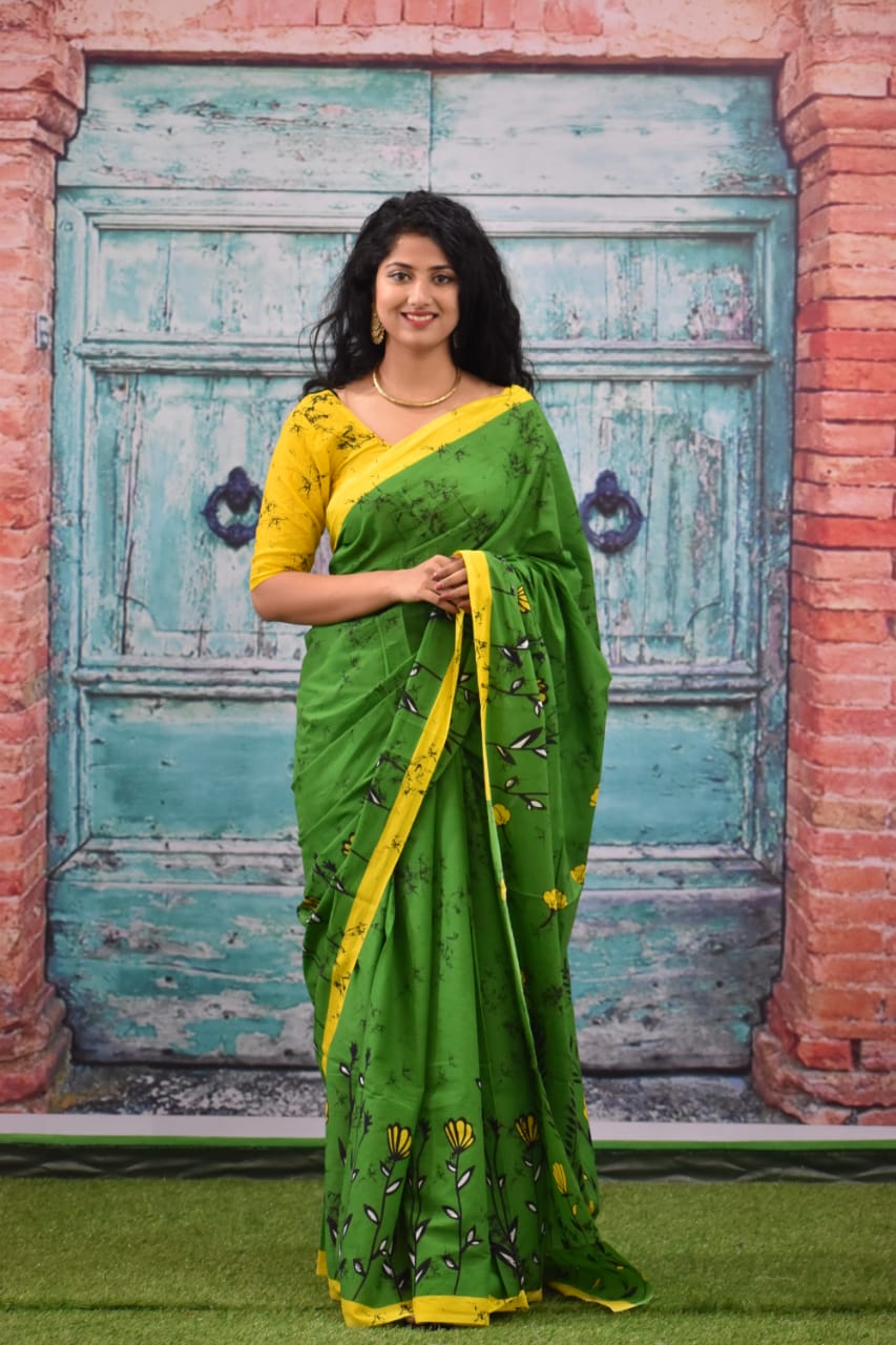 Parront Green Mulmul Cotton Saree