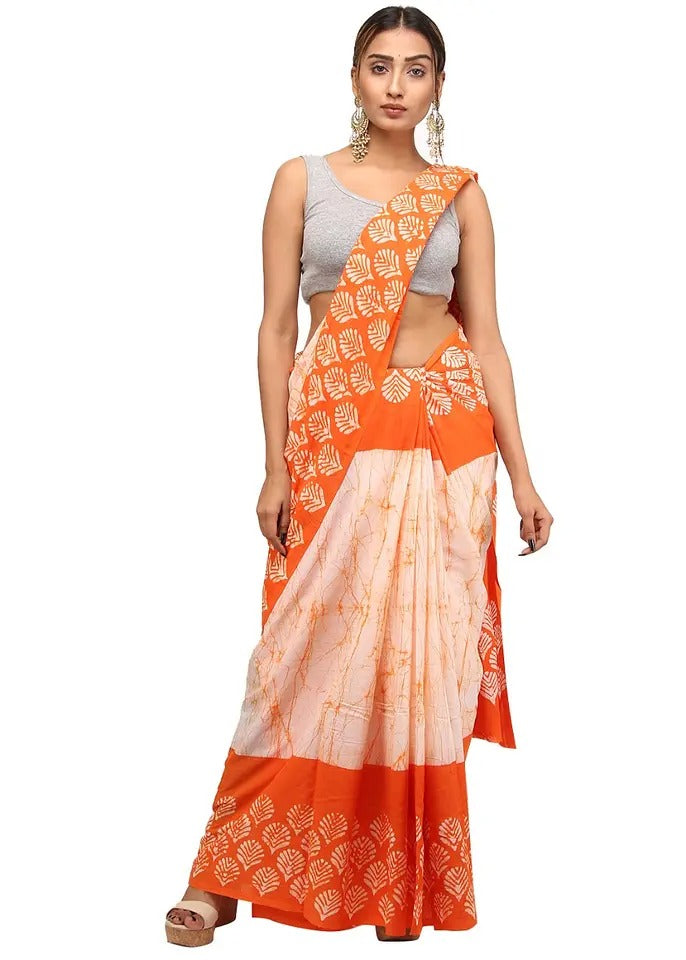 Off-White with orange shibori printed mulmul cotton saree