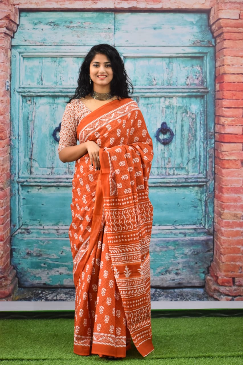 Orange Mulmul Cotton Saree