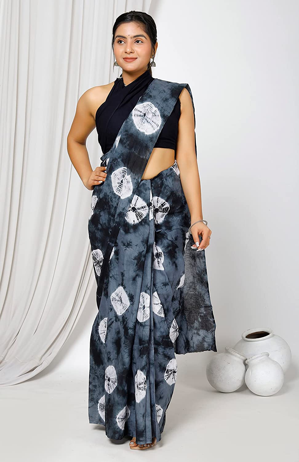 Dark Grey Mulmul Cotton Saree