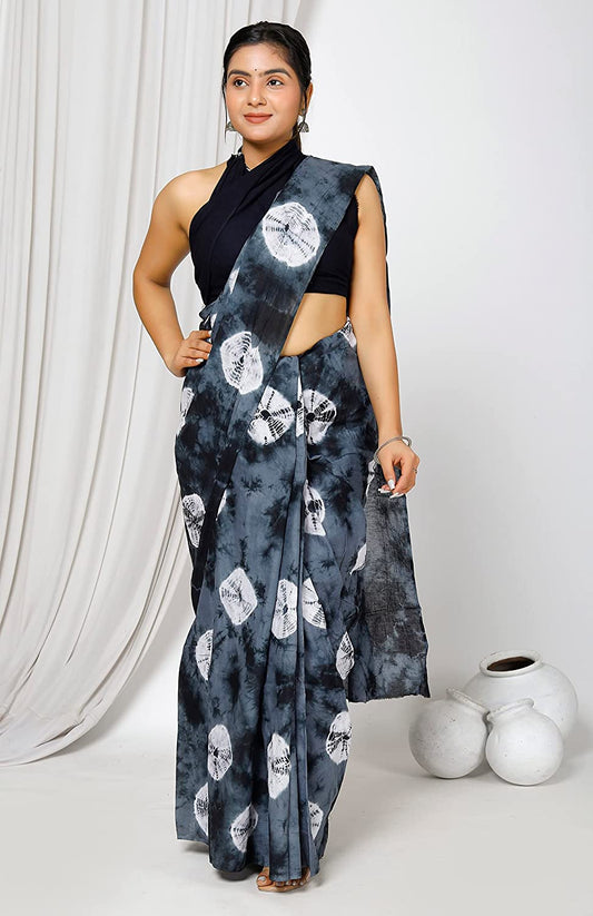 Dark Grey Mulmul Cotton Saree