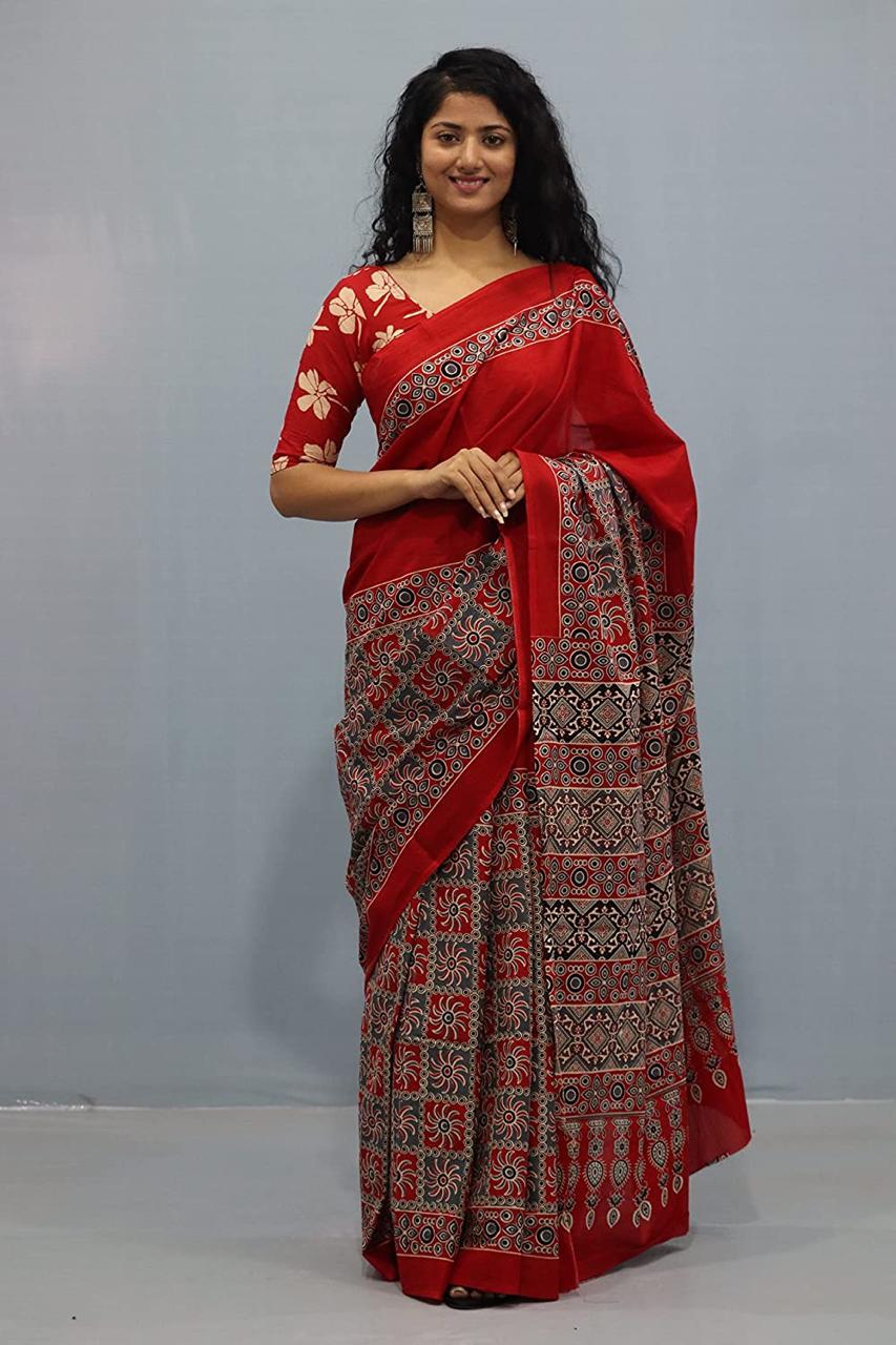 Red Mulmul Cotton Saree