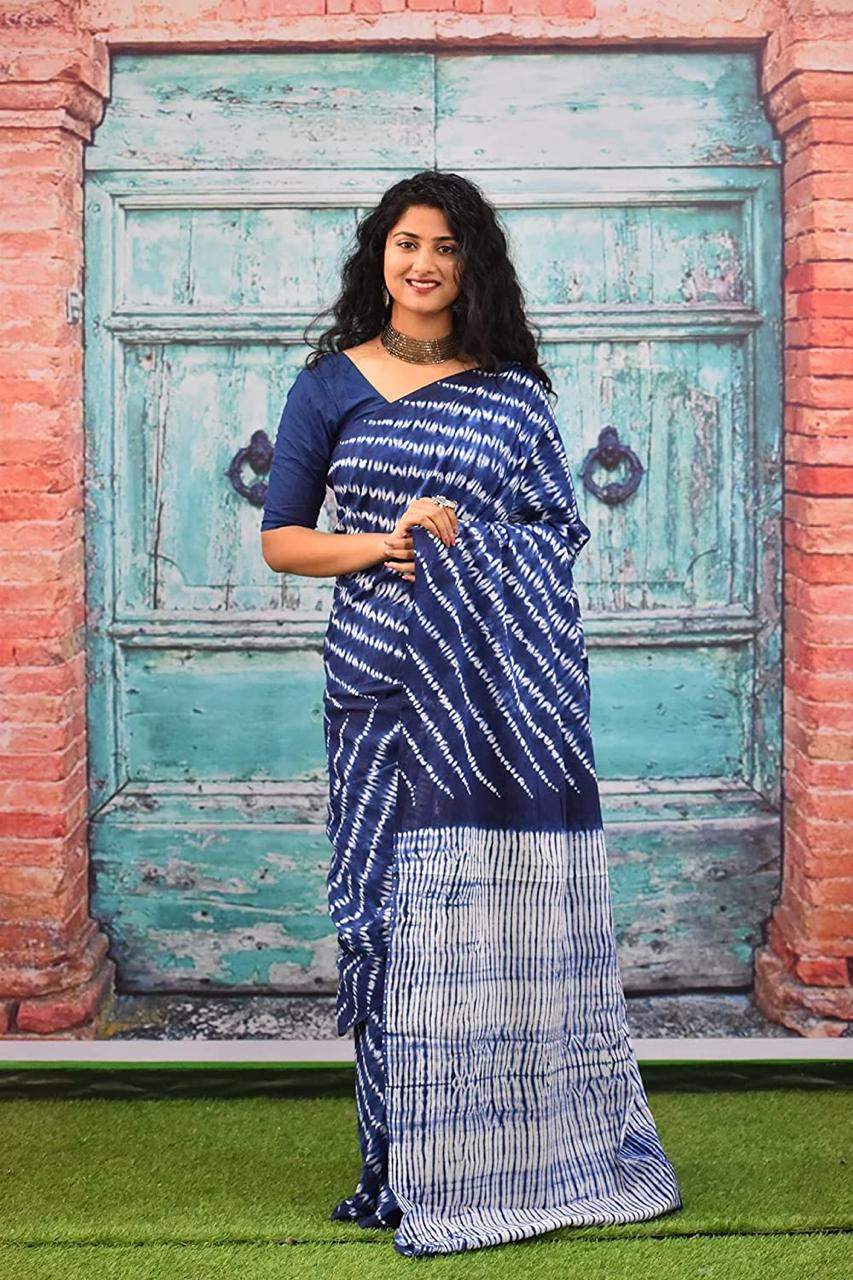 Navy Blue Mulmul Cotton Saree