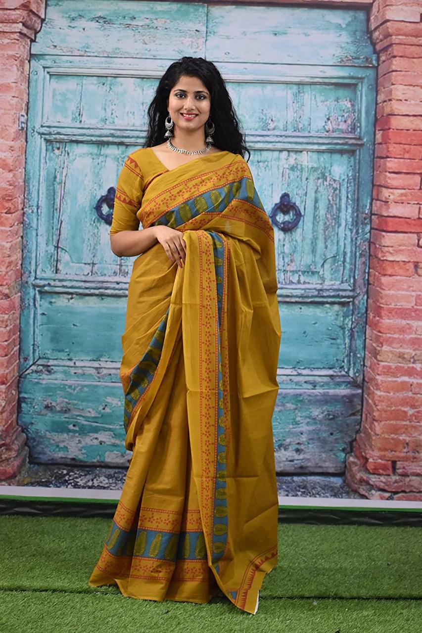 Golden Yellow Mulmul Cotton Saree