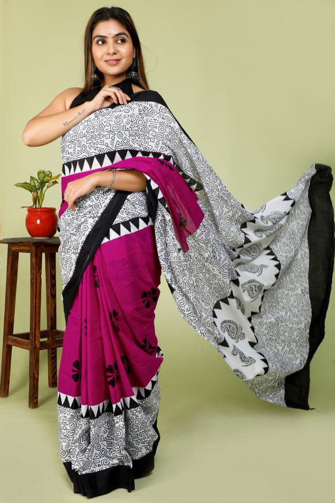 Pink mulmul cotton saree