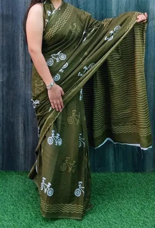 Army Green Mulmul Cotton Saree