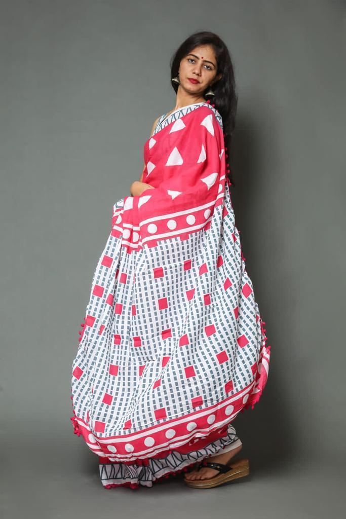 pink mulmul cotton saree