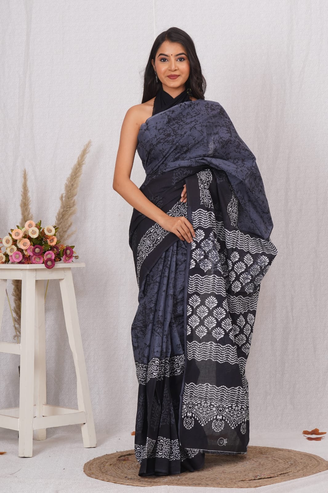 Dark Metal Grey Mulmul Cotton Saree