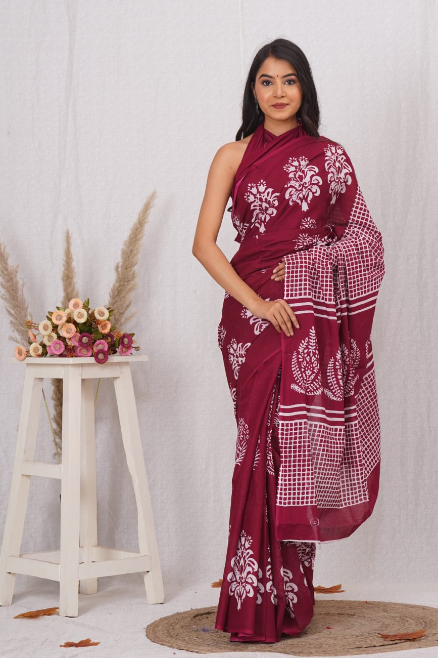 Maroon Mulmul Cotton Saree