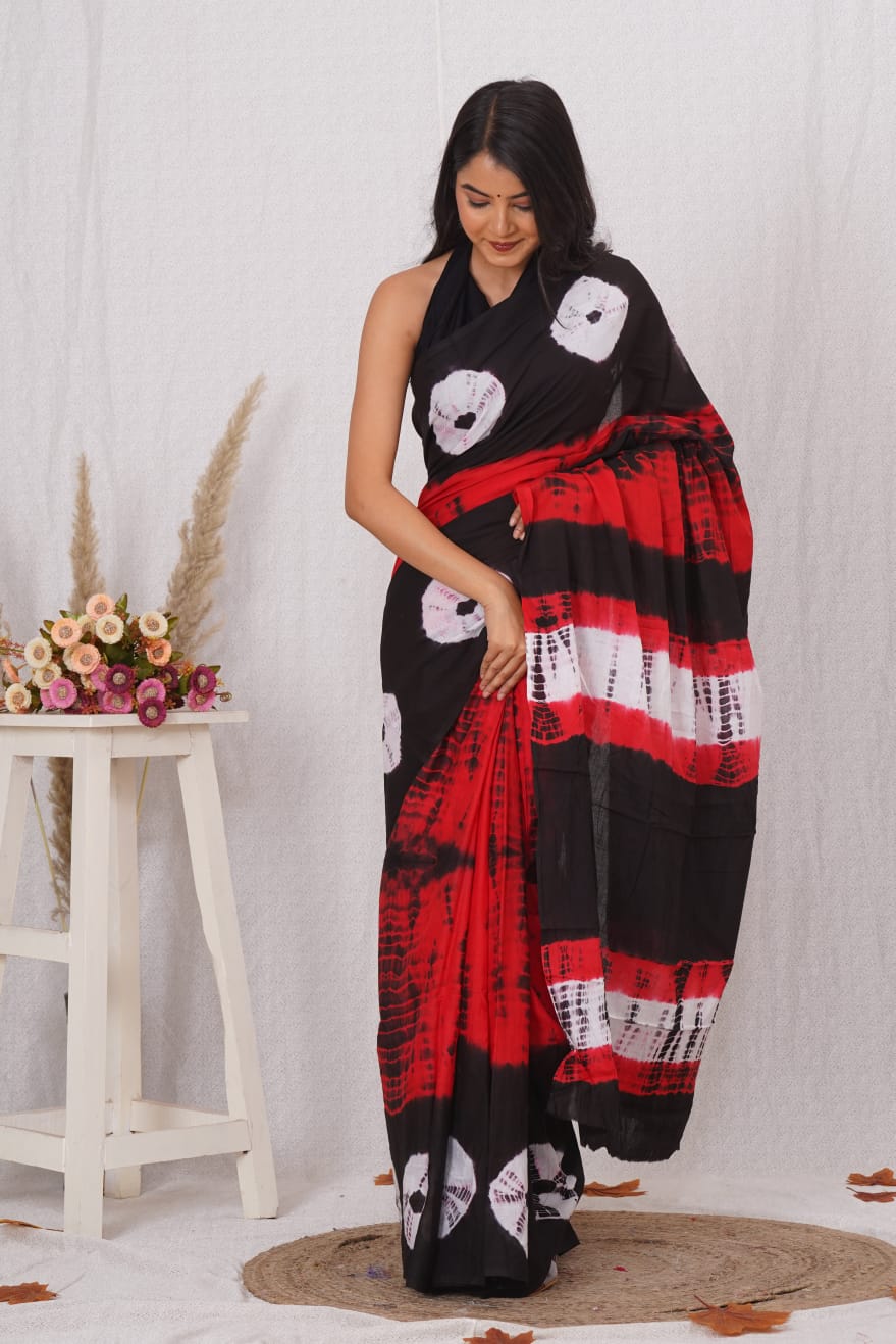 Candy Red and Black Shibori Mulmul Cotton Saree
