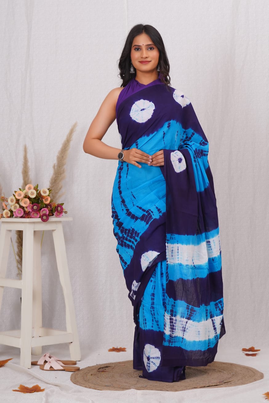 Caribbean Blue Mulmul Cotton Saree
