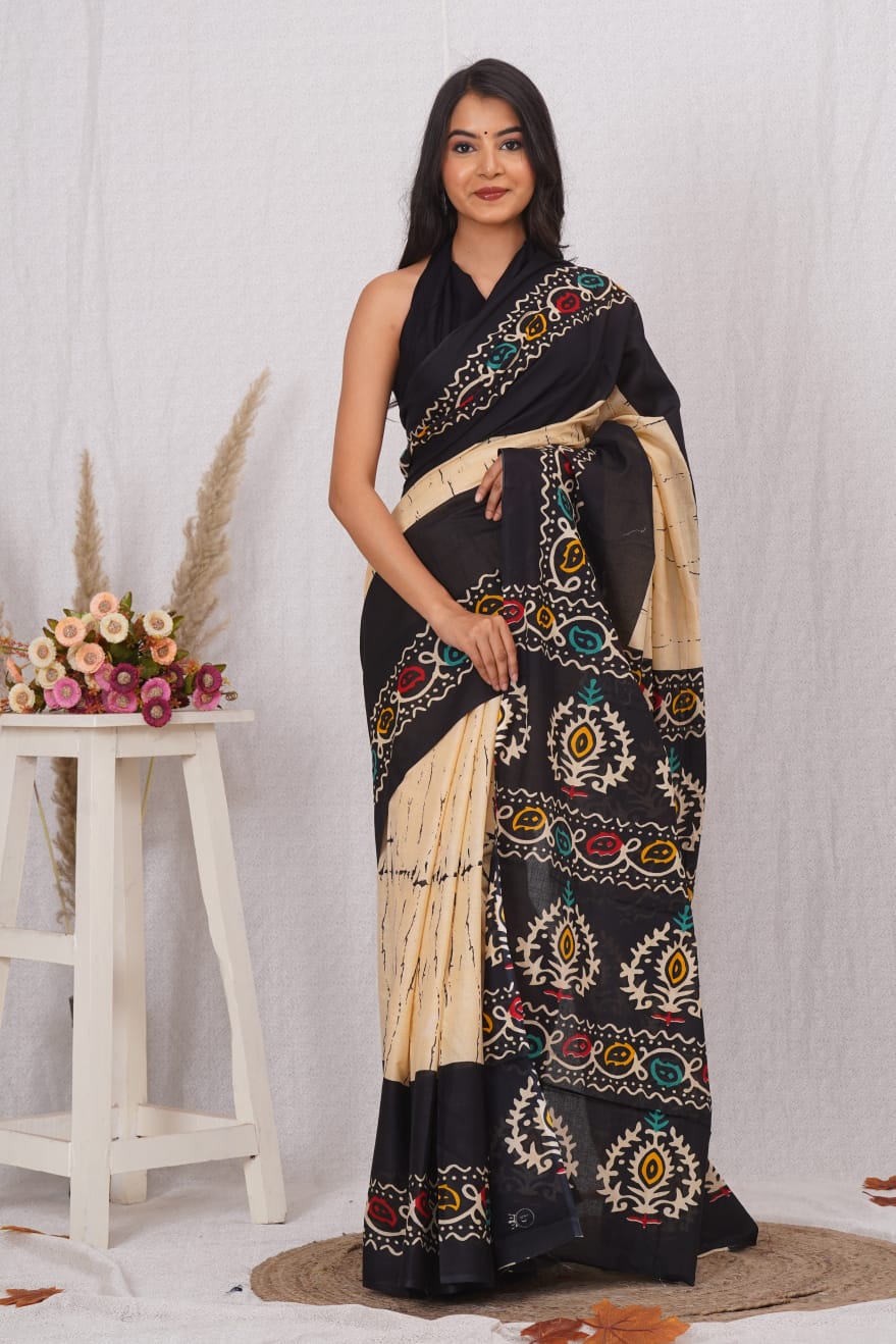 Beige Mulmul Cotton Saree