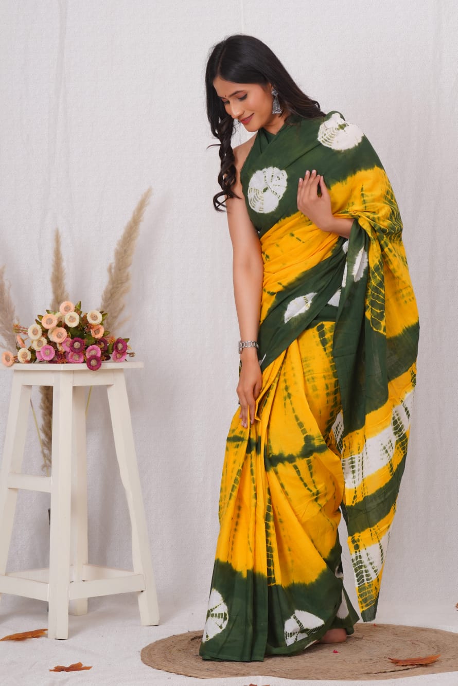 Mango Yellow Mulmul Cotton Saree